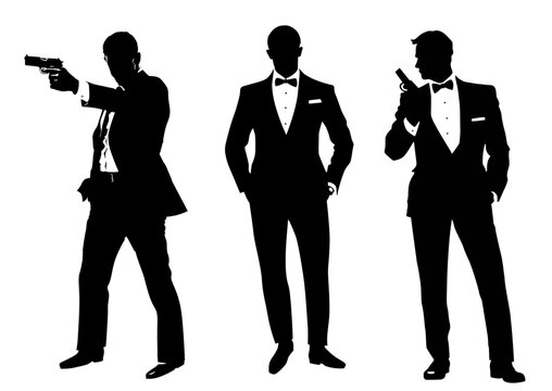 Silhouettes of elegant men in suits and with a bow tie with a gun in their hand on a white background. Bond themed illustration of a shooting man