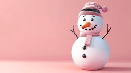 A cheerful snowman with a pink hat and scarf, standing against a matching pink background