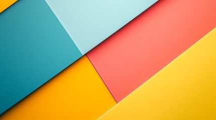 Obraz premium Colorful geometric arrangement of paper sheets in vibrant blue, orange, and yellow tones against a light background