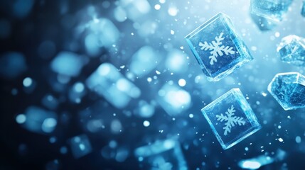Ice cubes with intricate snowflake designs float in a vibrant, cool blue environment