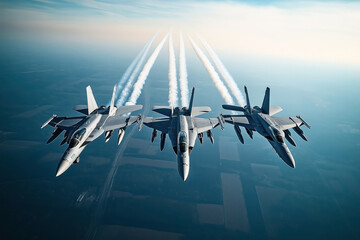 Four fighter jets flying in formation with contrails in the sky, demonstrating precision and coordination. The aircrafts are over a landscape with fields visible below.