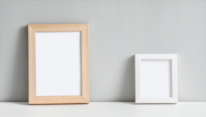 Two empty white picture frames with wooden frame leaning on cement wall. Blank poster. Mock-up
