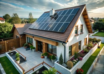 Aerial View of Solar-Powered Home with Beautiful Landscaping and Garden