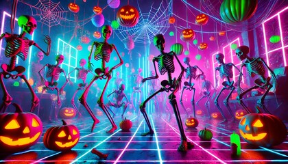 A surreal Halloween party scene filled with neon lights and dancing skeletons, Generative AI