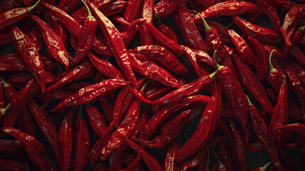 Fototapeta premium A vibrant collection of shiny red chili peppers with dramatic shadows, showcasing their glossy texture and intense color, representing boldness and spice.