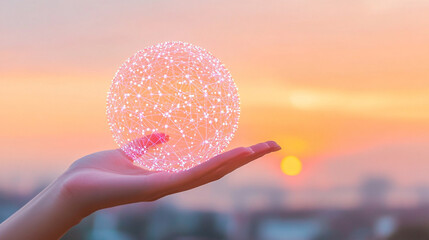 businesswoman’s hand gently holds a glowing globe representing a global network. The sphere symbolizes worldwide connectivity, innovation, and technology in a fast-evolving, interconnected digital wor