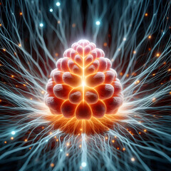 Illuminated Pineal Gland in Neural Network | The image depicts a highly detailed, glowing pinecone-shaped pineal gland at the center of a radiant neural network.