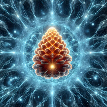 Pineal Gland in Neural Network | The image depicts a highly detailed, glowing pinecone-shaped pineal gland at the center of a radiant neural network.
