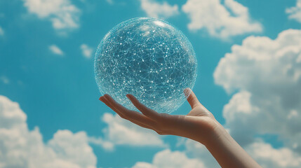 businesswoman’s hand gently holds a glowing globe representing a global network. The sphere symbolizes worldwide connectivity, innovation, and technology in a fast-evolving, interconnected digital wor