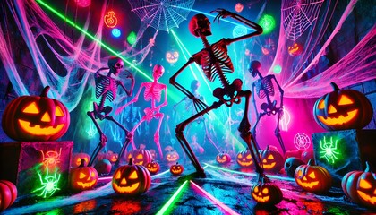 A surreal Halloween party scene with vibrant neon lights and skeletons