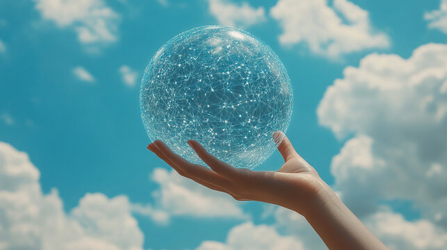 businesswoman’s hand gently holds a glowing globe representing a global network. The sphere symbolizes worldwide connectivity, innovation, and technology in a fast-evolving, interconnected digital wor