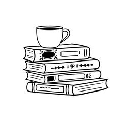 Stack of books with cup of coffee, cozy hand drawn vector illustration. Reading and drinking coffee