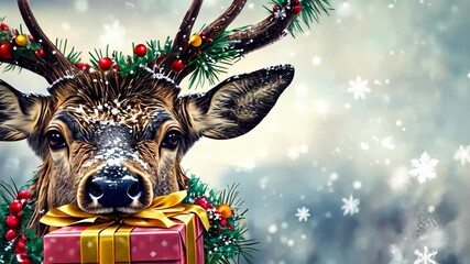 A deer is holding a red box with a bow on it