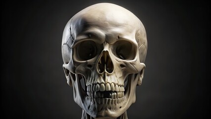 Fototapeta premium A highly detailed, isolated, 3D rendered skull and skeleton anatomy model, showcasing intricate bone structures, teeth, and cranial cavities in a neutral, eerie, grayscale tone.
