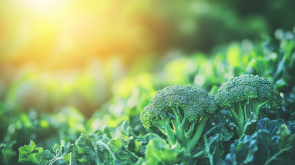 Lush green broccoli crowns capture the morning sun's rays, thriving in a bountiful garden landscape, showcasing nature's vibrant and healthy produce.