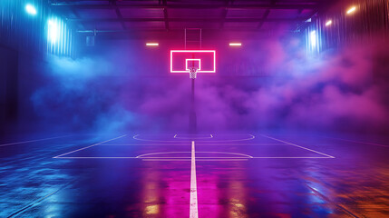 Basketball court illuminated by neon lights with smoke, futuristic sports arena. HD image