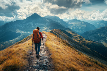 Obraz premium Hiker Ascending a Mountain Path with Stunning Views
