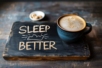 Chalkboard with the words "sleep better" written on it. A cup of coffee is placed on top of the chalkboard