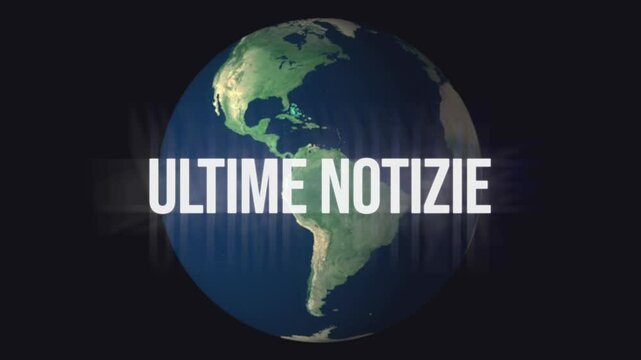A Breaking News text headline in Italian, Ultime Notizie, over semi-transparent blue box (copy space) and a background animation of a rotating planet Earth globe. Classic retro style.