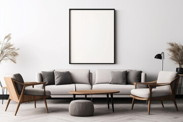 Modern living room with gray sofa, wooden armchairs, coffee table, and decorative plants. The room features a large blank picture frame on the wall above the sofa.