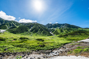 雷鳥沢キャンプ場から臨む称名川と立山連峰　富山県立山町