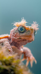 close up of intriguing turtle with vibrant eyes and algae on its back, showcasing its unique