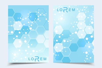 Scientific brochure design template. Vector flyer layout, Molecular structure with connected lines and dots. Scientific pattern atom DNA with elements for magazine, leaflet, cover, poster design