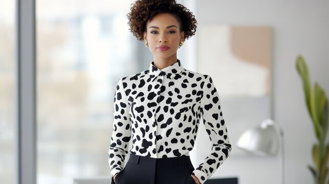 Confident Businesswoman in Modern Office Setting Wearing Stylish Polka Dot Blouse