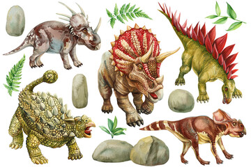 Dinosaurs watercolor with detailed scales, horns, and spikes, leaves and stones. Triceratops, stegosaurus, ankylosaurus 