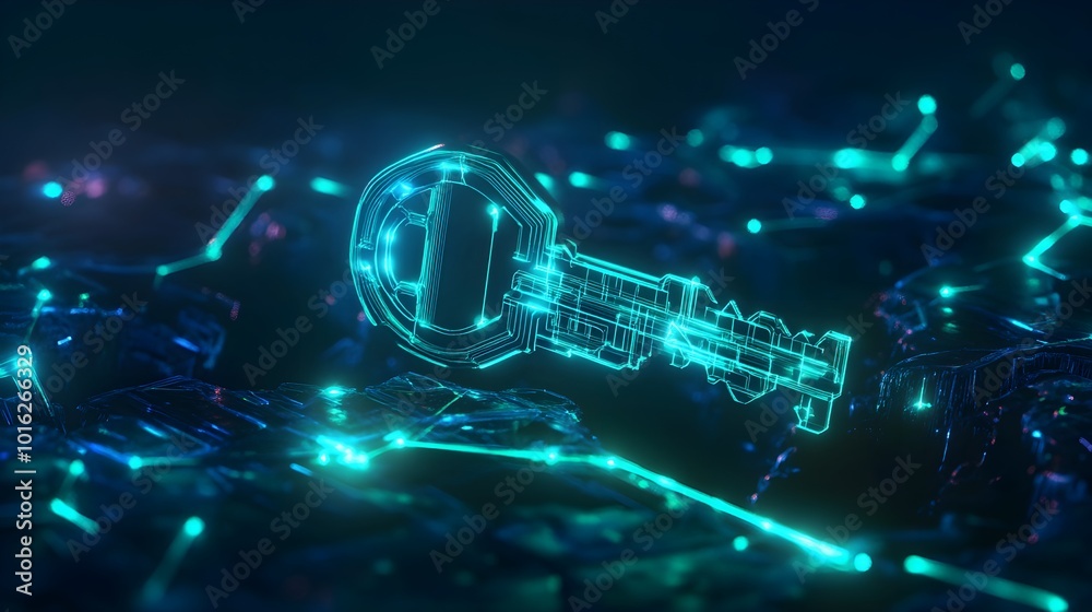 Wall mural futuristic digital key floating over a cyber network with glowing connections