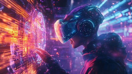 Person Using VR Headset to Interact with Futuristic Holographic Interface