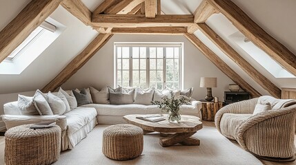 Stylish attic living room, vaulted ceiling with wooden beams, skylights, plush sofa, cozy reading nook, neutral color palette