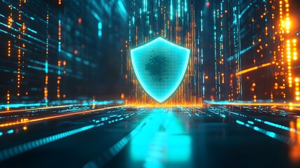 Glowing Digital Shield in Futuristic Data Environment