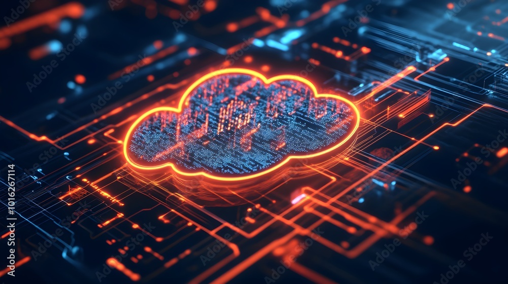 Wall mural glowing cloud icon with data circuits in futuristic technology concept