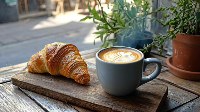 A croissant and a cup of coffee sit on a wooden table