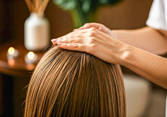 Fototapeta premium Relaxing head massage in spa setting with aromatherapy candles and bamboo decor