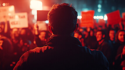 Back view of a man at a protest with red and blue lights