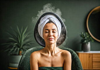 Relaxed woman enjoying a spa steam treatment at home with greenery background
