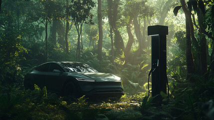 Electric Car Charging in a Lush Tropical Forest