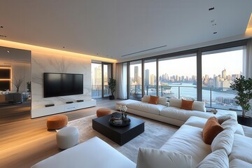 Fototapeta premium contemporary living room oversized smart tv sleek furnishings harmonious design