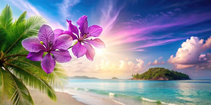 Banaba Purple Flower Double Exposure on Tropical Beach - Stunning Isolated Image for Nature Lovers