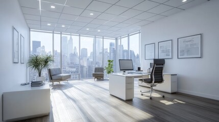 Modern office interior with a large window overlooking a city skyline.