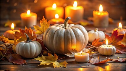 Beautiful Autumn Still Life with White Pumpkins, Leaves, and Candles for Thanksgiving Celebration
