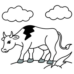 Angry Cow Stomping in a Grassy Field Under a Dark Stormy Sky line art vector