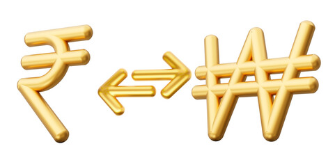 3d Golden Rupee And Won Symbol Icons With Money Exchange Arrows On White Background, 3d illustration
