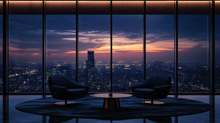 Fototapeta premium A luxurious cityscape appears vibrant, with glittering lights and a stunning twilight sky view from a high-rise, epitomizing modern urban elegance and allure.