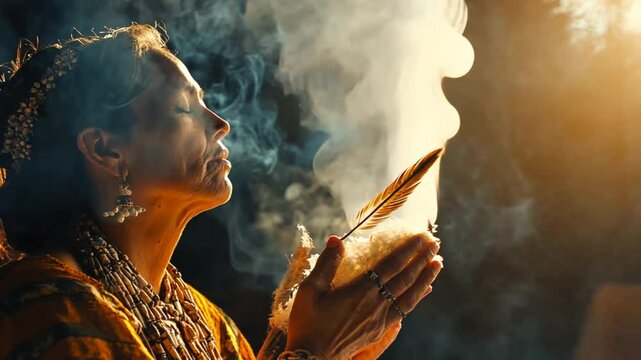 A Native American elder performing a smudging ritual to cleanse a sacred space, with smoke rising from a smudge stick