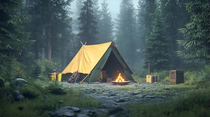 Serene and peaceful tent campsite nestled in a misty forest clearing surrounded by towering trees and with a crackling campfire and scattered gear like binoculars and lanterns