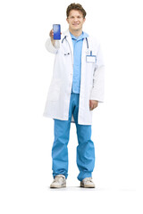 The doctor, in full height, on a white background, shows the phone