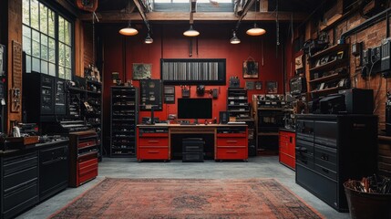 A spacious, industrial-style workspace with a red brick wall, large windows, and a vintage aesthetic. The room is cluttered with equipment and tools, suggesting a creative and industrious environment.